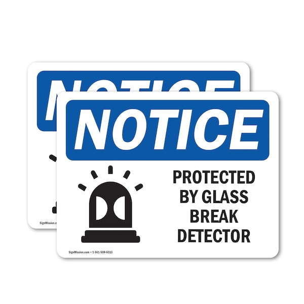 Signmission Protected By Glass Break Detector Sign With Symbol, 10 in W x Rectangle, Vinyl Decal OS-2PACK-NS-D-710-L-17902 - main